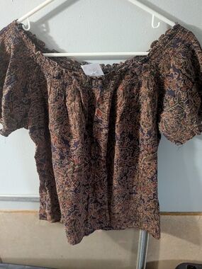 American Living Off-Shoulder Floral Blouse in Navy and Rust